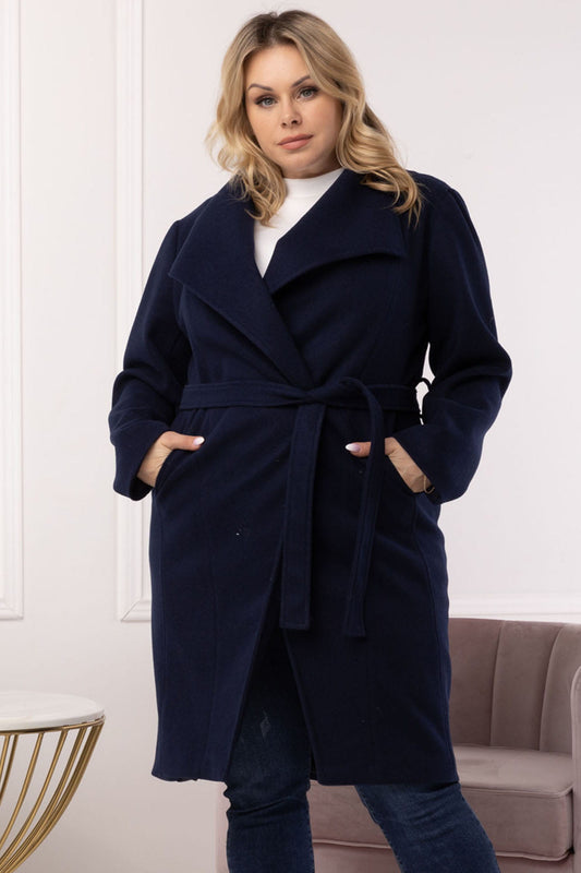K279/38/40-1-Fleece envelope coat with lining KLARA with a belt, navy blue-1