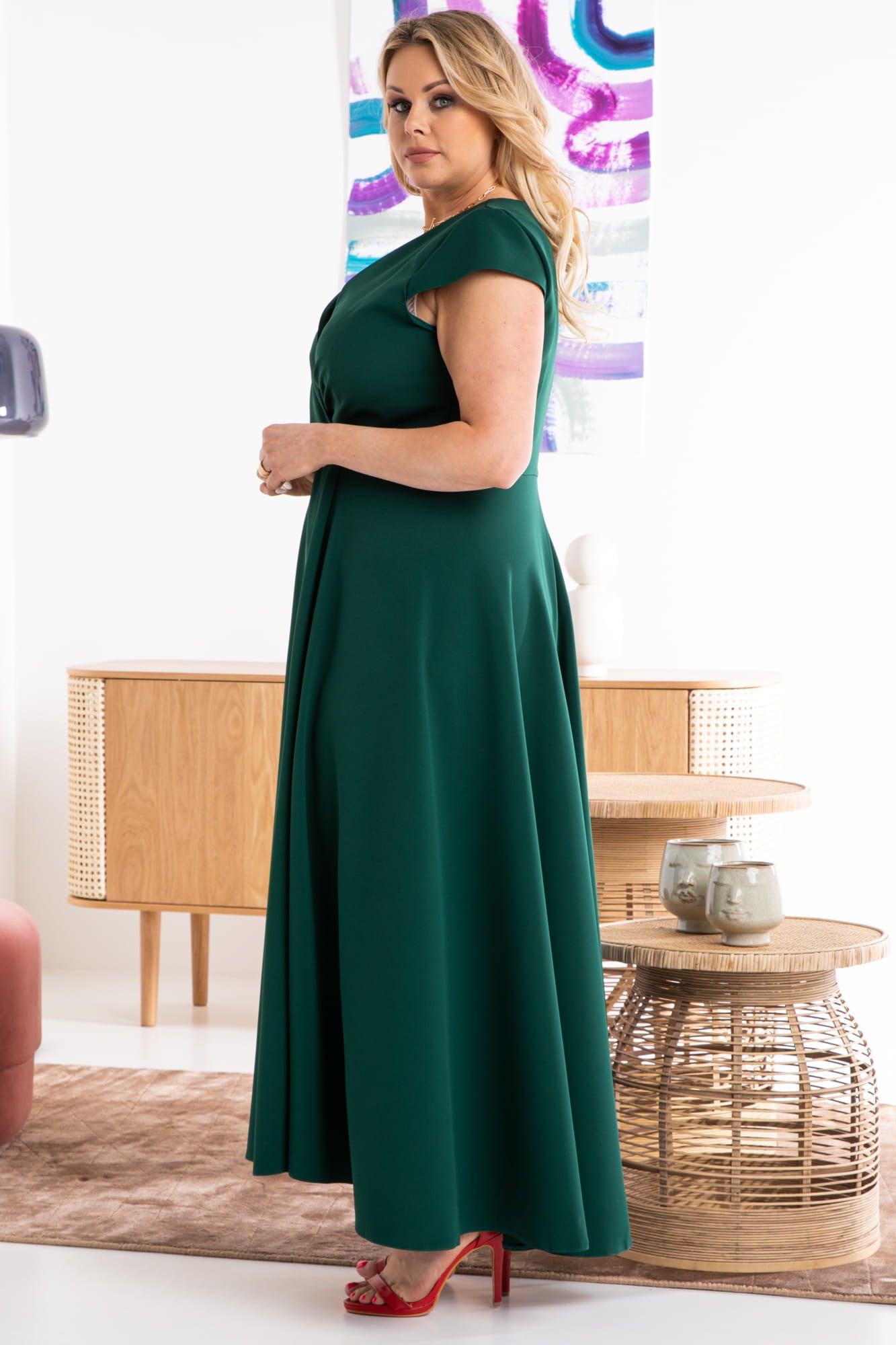 SB249/38-2-Flared evening dress with an envelope neckline LUIZA bottle green-2