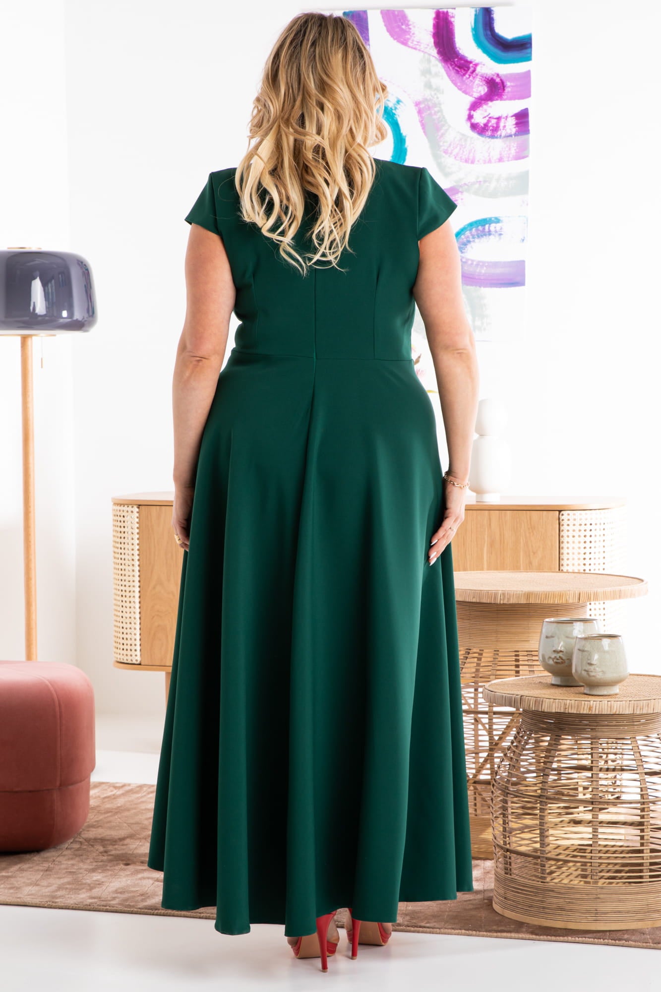 SB249/38-3-Flared evening dress with an envelope neckline LUIZA bottle green-3