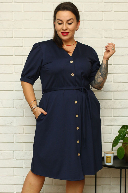SB738/38/40-1-Knitted viscose shirt dress with a belt PAULINKA navy blue-1