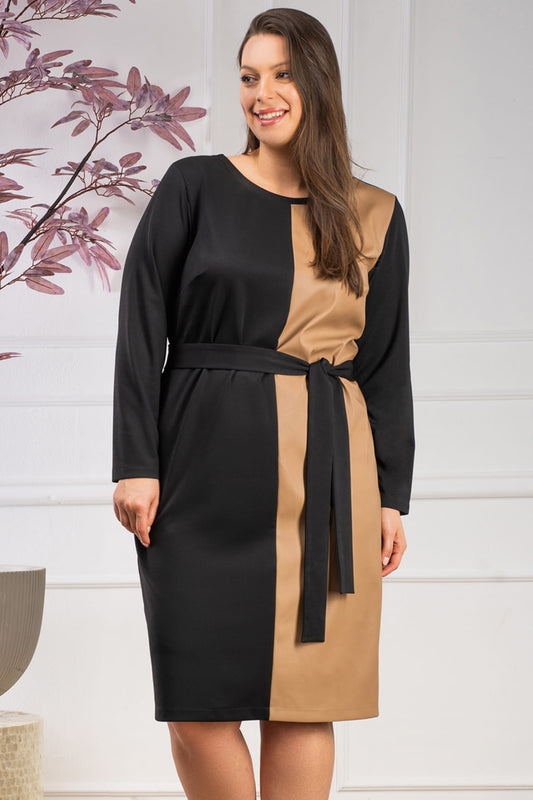 SC383/38/40-1-Tie waist dress with contrasting LESŁAWA black with beige eco leather-1