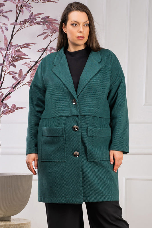 K630/38/40-1-Oversize coat with decorative buttons MEGAN bottled green with stripes-1