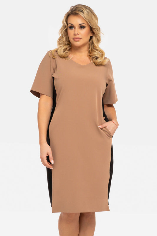 SC430/38-1-Straight dress with black inserts on the sides COCO beige-1