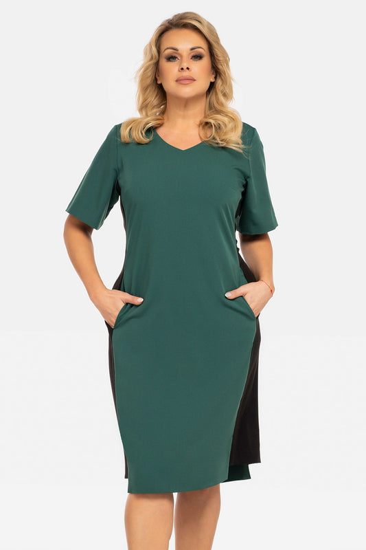 SC429/38-1-Straight dress with black inserts on the sides COCO bottle green-1
