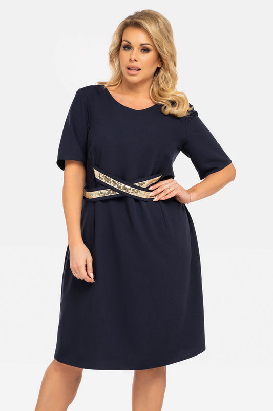 SC433/38-1-Trapeze dress with decorative sequin inserts at the waist EVE navy blue-1