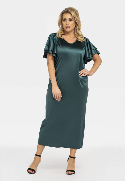 SC421/38/40-1-Unique dress with ruffles on sleeves, water neckline on back TANGO bottle green-1