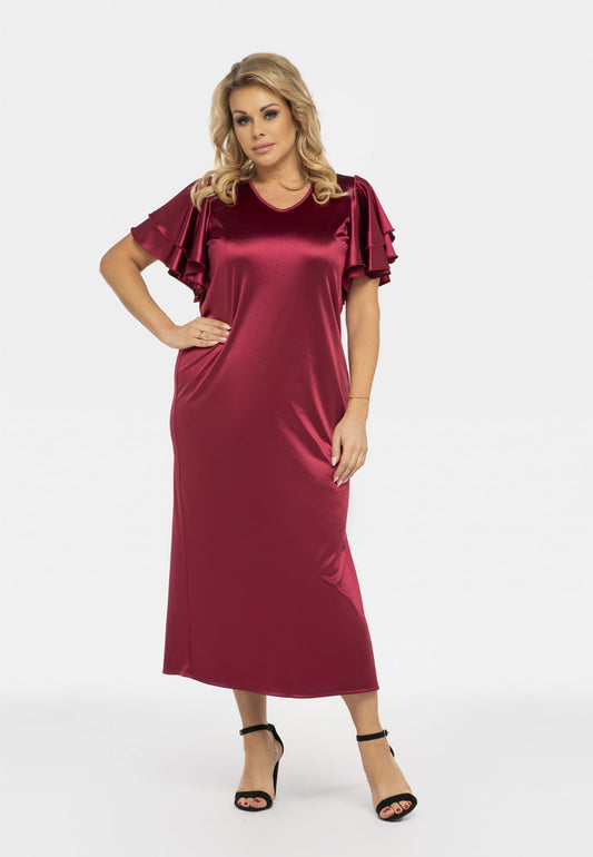 SC419/38/40-1-Unique dress with ruffles on sleeves, water neckline on back TANGO burgundy-1