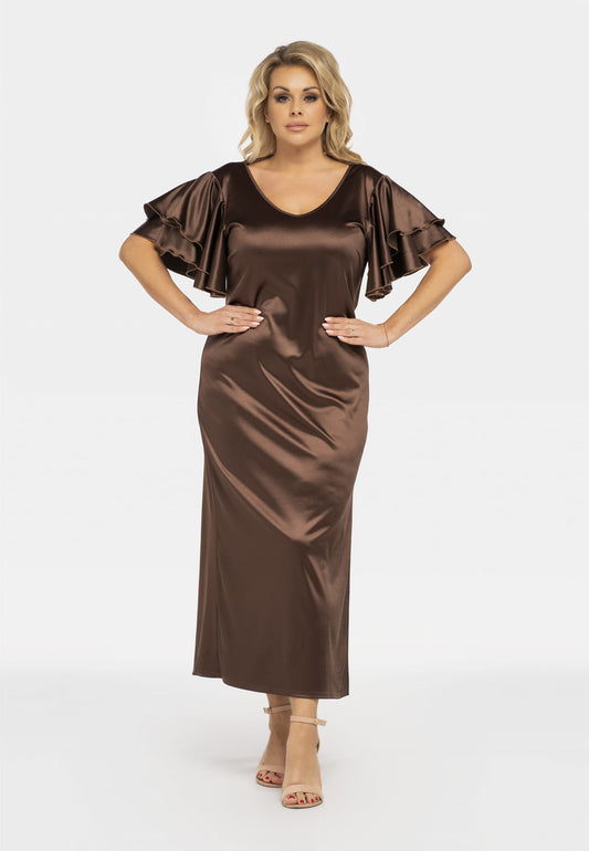 SC420/38/40-1-Unique dress with ruffles on sleeves, water neckline on back TANGO brown-1
